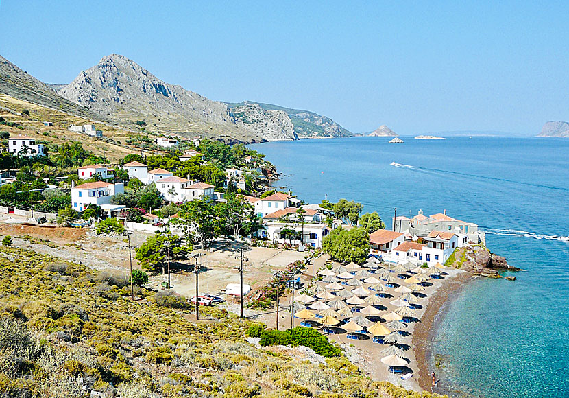 Vlychos beach is one of the few beaches on Hydra with sunbeds and umbrellas.
