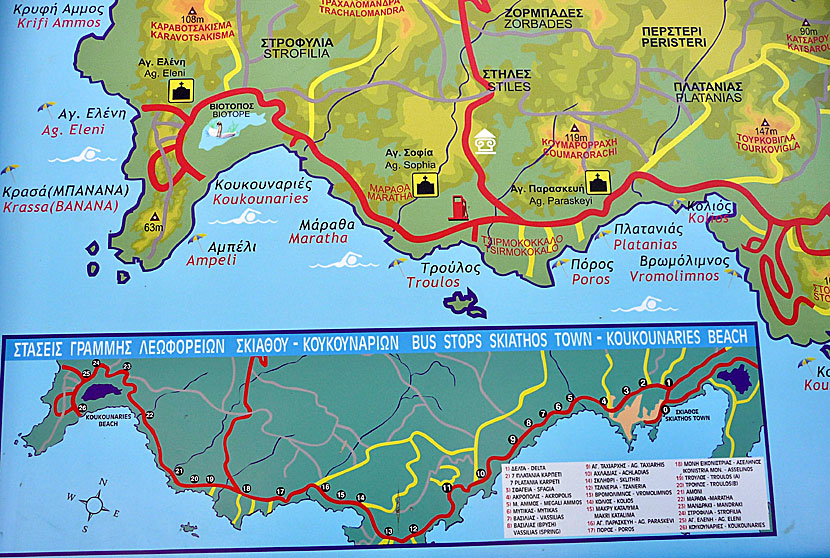 The bus map over Skiathos which is numbered from 1 (Skiathos Town) to 26 (Koukounaries).