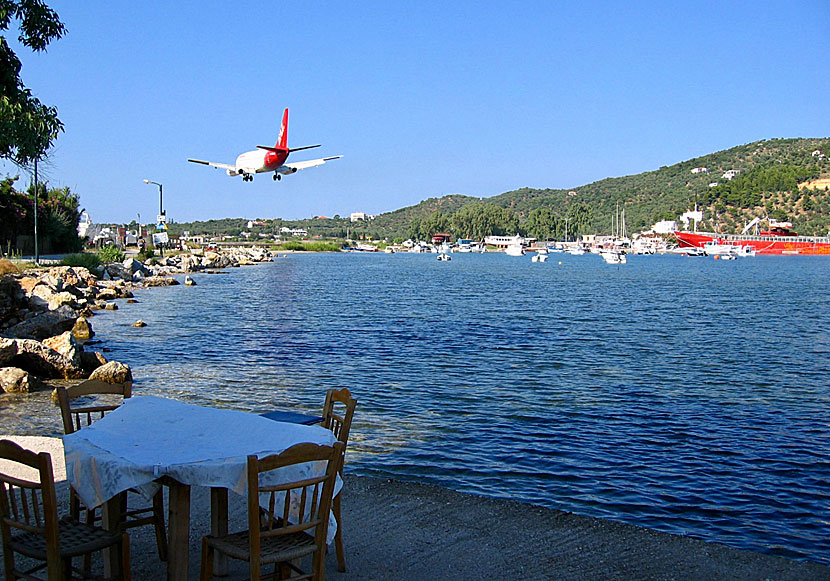 A plane about to land at the little airport on Skiathos. Plainspoting.  