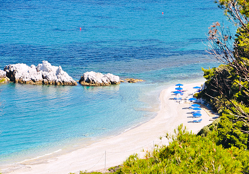 Milia beach is located about 3 kilometers north of Panormos on the mamma-mia island of Skopelos in Greece.