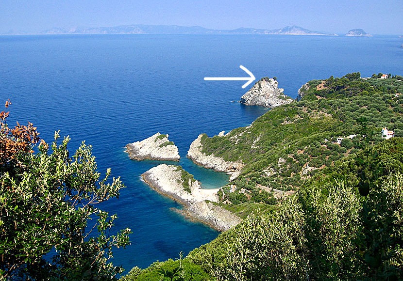 The cliff with the church of Agios Ioannis on Skopelos where the final scenes of the movie Mamma Mia were filmed.