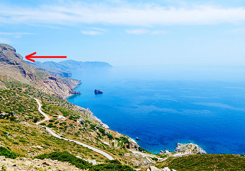 The road down to Agia Anna beach on Amorgos in Greece. The monastery is located to the left of the beach.