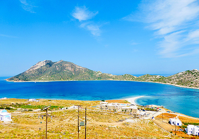 Agios Pavlos beach and the island of Nikouria near Aegiali on Amorgos in the Cyclades.