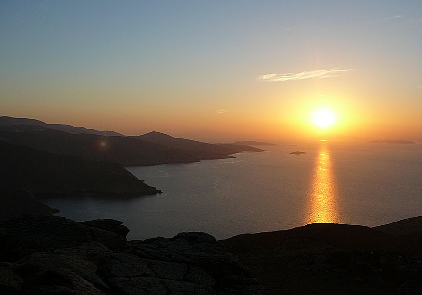 The sunset seen from Minoa above Katapola on Amorgos in the Cyclades.
