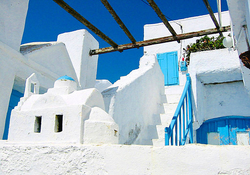 Chora on Amorgos is a whitewashed village with blue windows and doors.