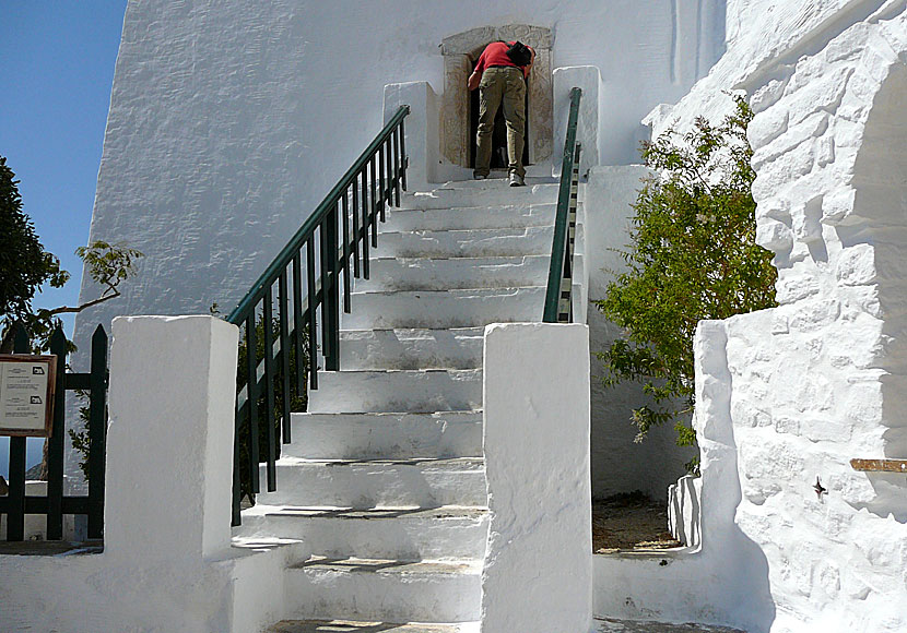 The narrow entrance to the monastery on Amorgos in Greece.