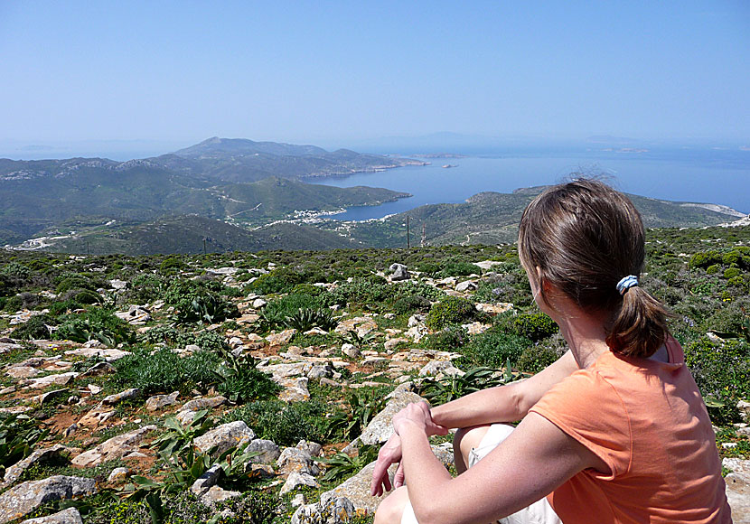 Chora and Katapola seen from the mountain and the church Profitis Ilias on Amorgos in Greece.