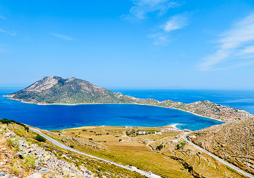 View of Agios Pavlos beach and Nikouria Island from the road to Asfondilitis.