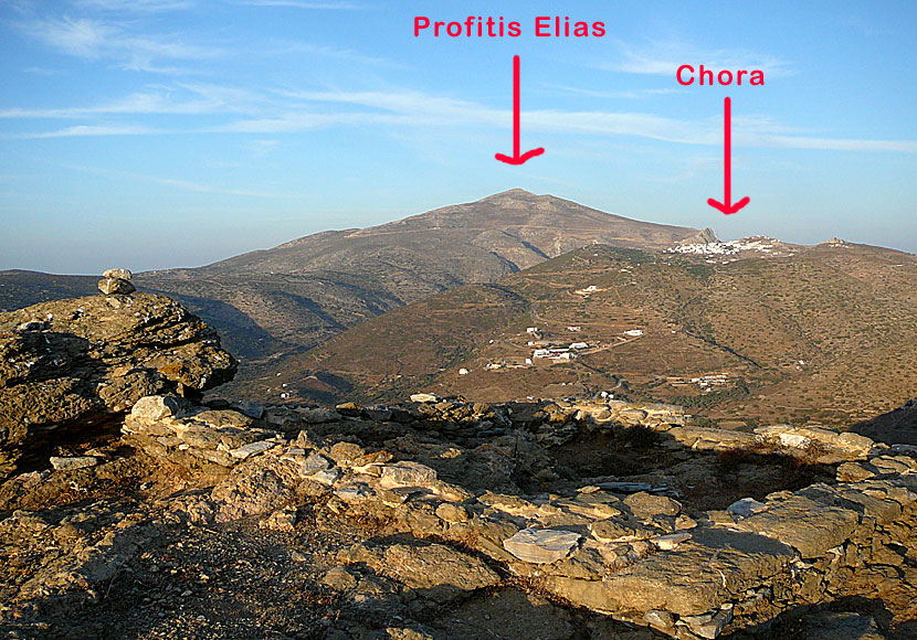 Profitis Ilias and Chora seen from Minoa above Katapola on Amorgos.