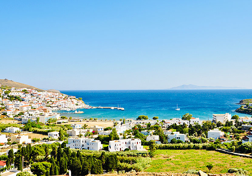 View of the beautiful bay where Batsi on Andros is located.