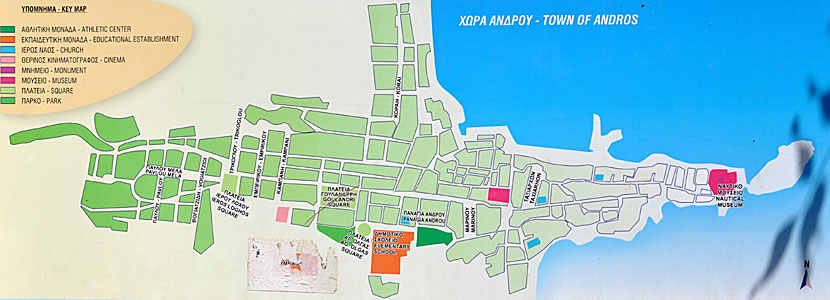 Map of Andros Town, Chora, on Andros in the Cyclades.