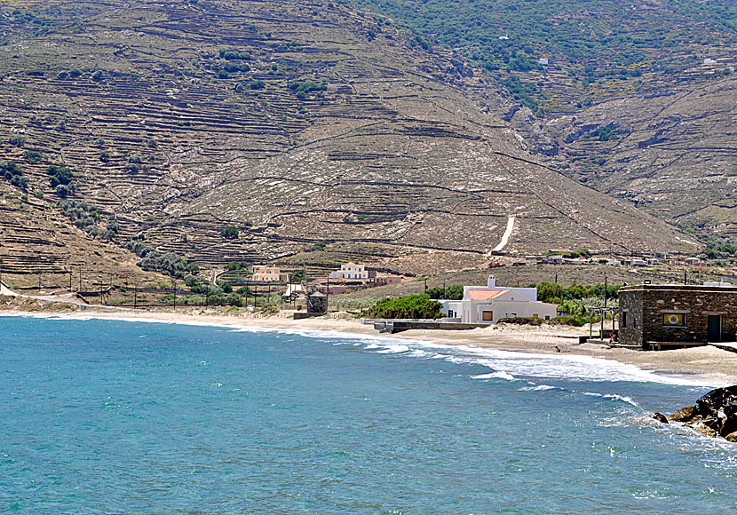 Milos beach in Ormos on Andros is popular with wind and kite surfers.