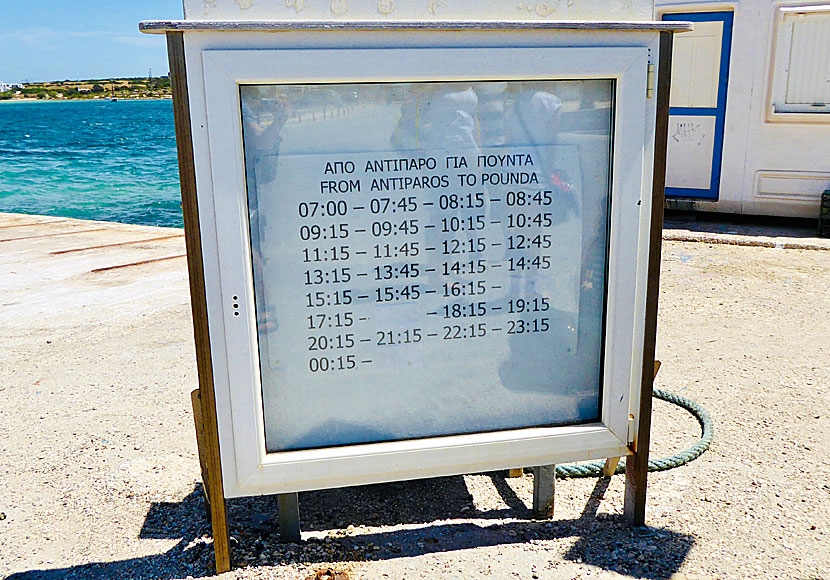 Time table for the car ferry that runs between Antiparos and Pounda on Paros.