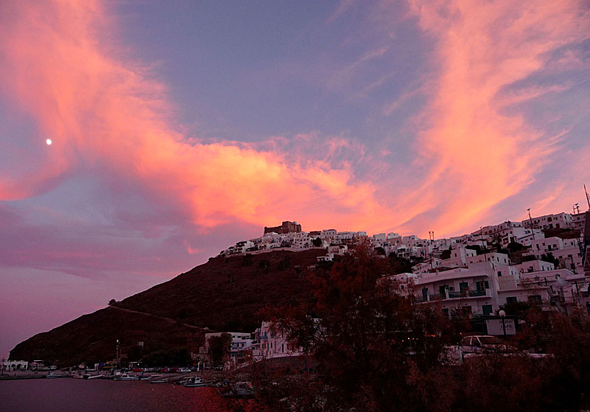 Sunset in Pera Gialos, Chora and Kastro on Astypalea.