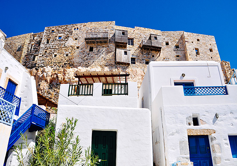 New balconies in Chora and old balconies in Kastro on Astypalea.