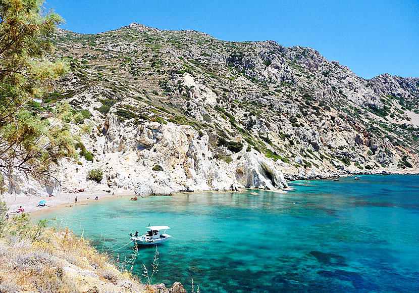 High mountains, crystal clear and blue sea at Vroulidia beach on Chios.