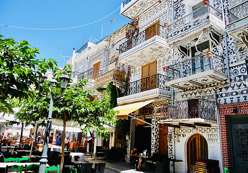 The square in Pyrgi on Chios is surrounded by unique black and white houses.