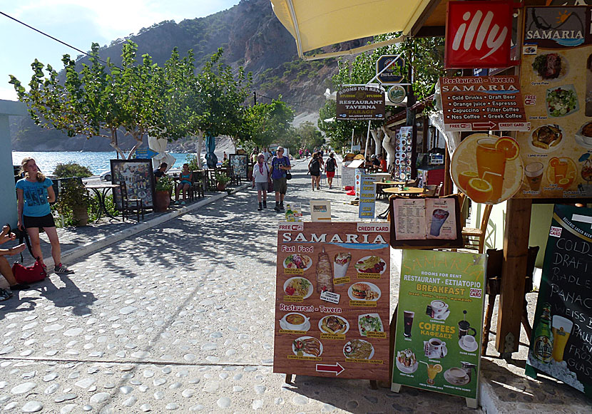 Hotels, pensions, tavernas and restaurants along the beach promenade in Agia Roumeli.