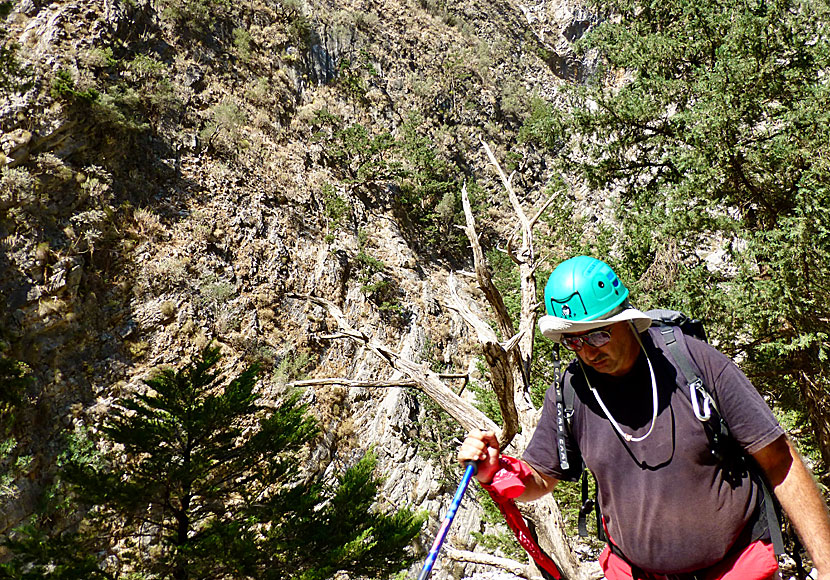 Professional hikers in the Samaria Gorge wear helmets for safety.