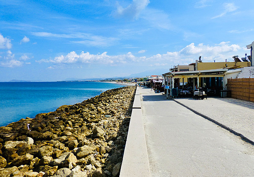 The seafront promenade with tavernas and restaurants in Kolymbari, Crete.