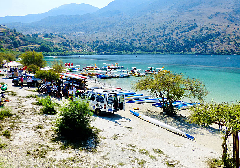 There are lots of different kinds of paddle boats to rent at Kournas Lake in Crete.