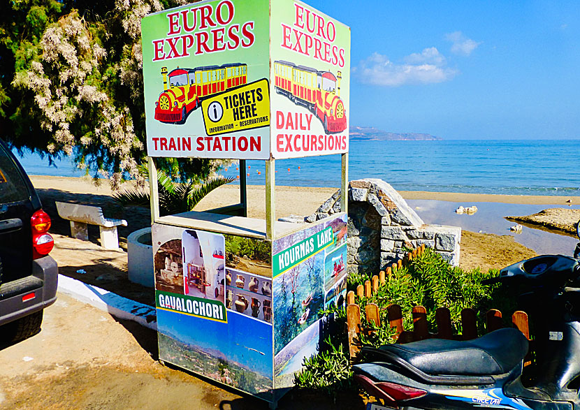 The toy train that goes from Almyrida to Kalives and Kournas lake, among others.