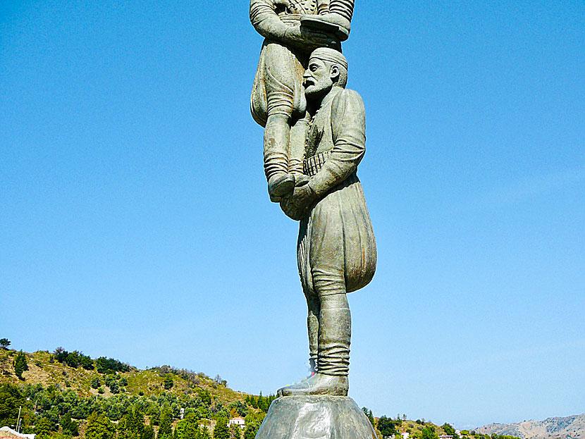 Statue of three Greek war heroes in the village of Lakki south of Chania.