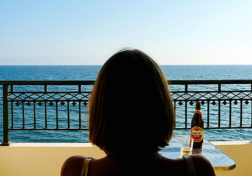 A cold beer and a view of the Libyan Sea from a balcony at the Pelagos 1 pension  in Mirtos, Crete.