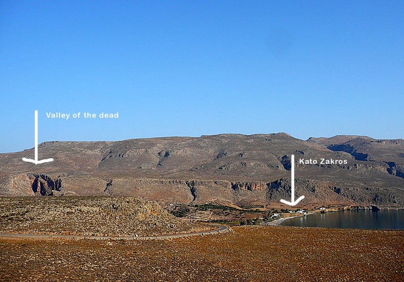 The entrance to the Valley of the Dead to the left and the small village of Kato Zakros to the right. Crete.