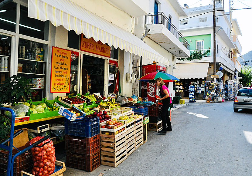 Along the main street in Mirtos are many shops, such as this well-stocked Supermarket.