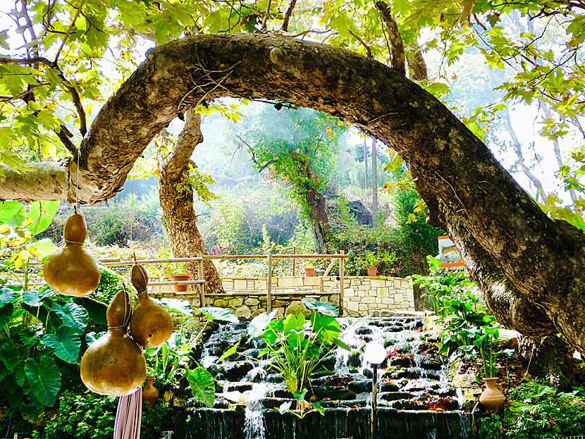 Restaurants and tavernas by the waterfalls of Argyroupolis in Crete.