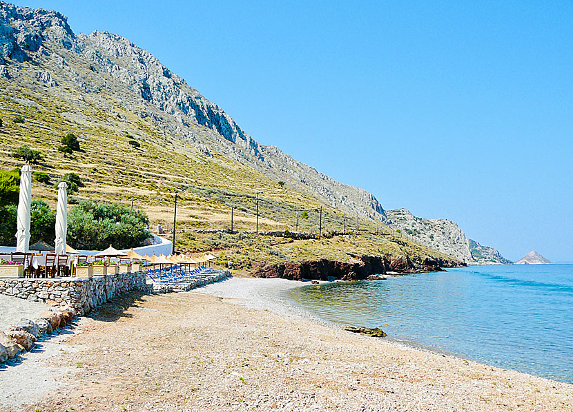 At Plakes beach there is a taverna and sunbeds for rent.