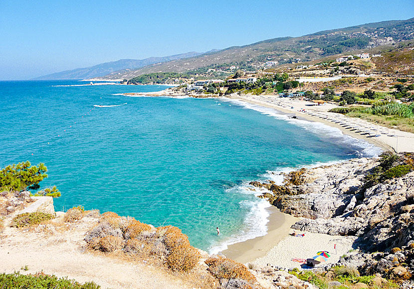 The beaches of Livadi, Messakti and the village of Gialiskari beach seen from Armenistis on Ikaria.