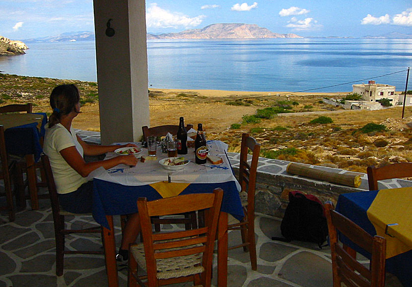 Views of the sea and Iraklia from Taverna Alonistra in Psathi on Ios island. 