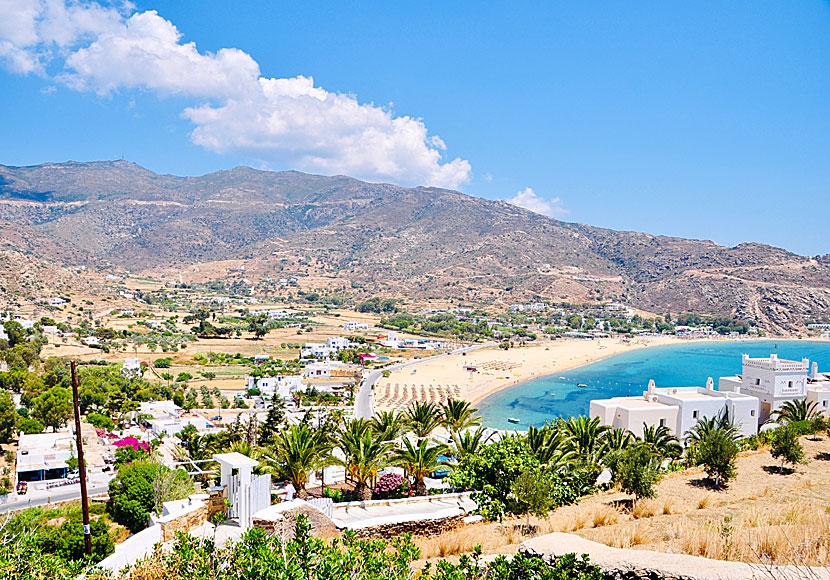 The approximately one kilometer long sandy beach in Mylopotas.