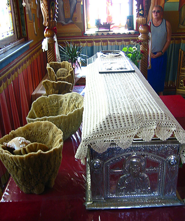 The coffin where Agios Savvas lies and rests.