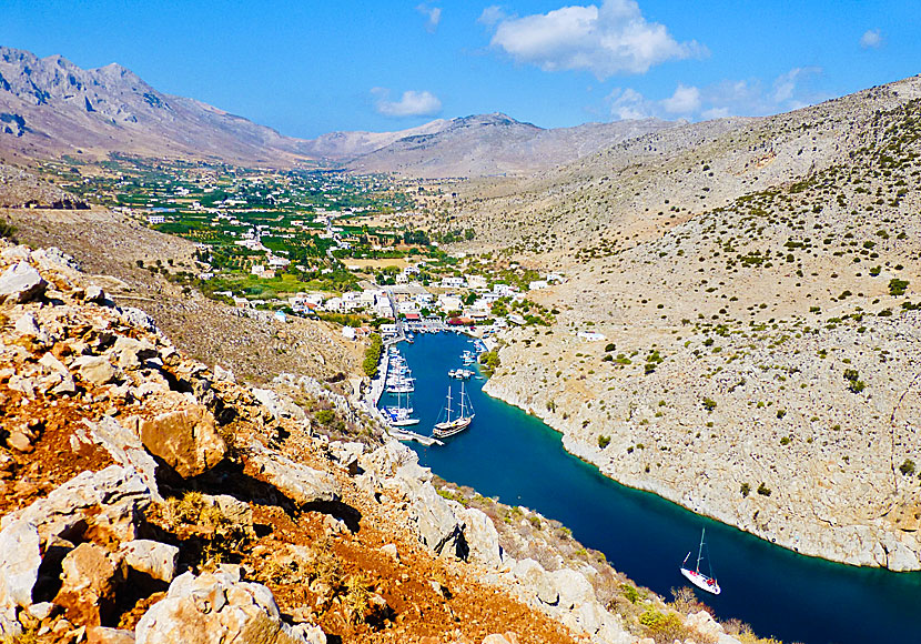 View of Rina and the Vathy Valley on Kalymnos in Greece.