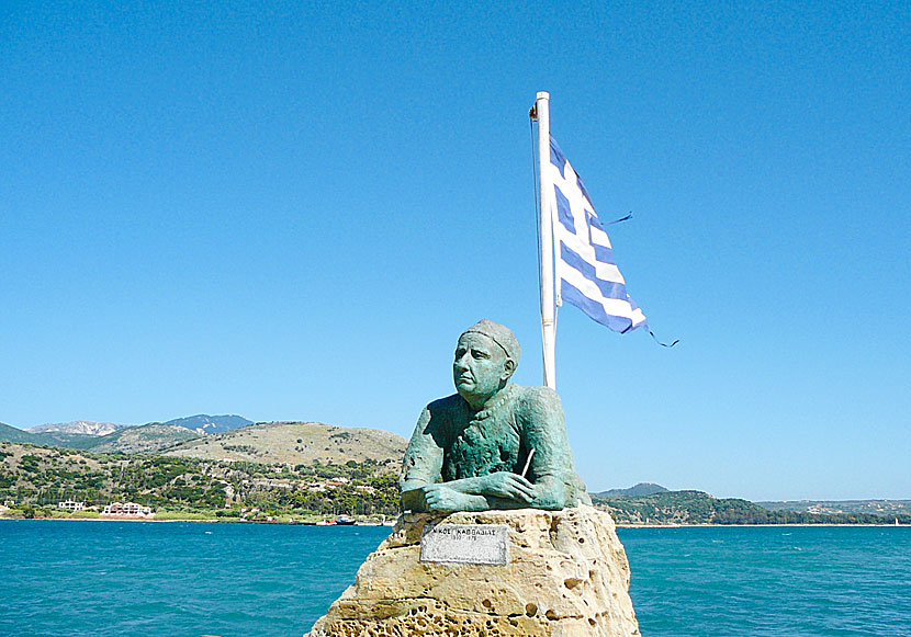 Statue in Argostoli of the Greek poet Nikos Kavadias who was called "The Poet of the Sea".