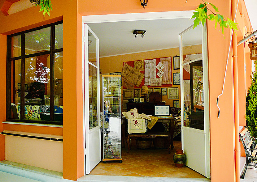 in the mountain village of Karia there are many shops that sell embroideries and textile crafts.