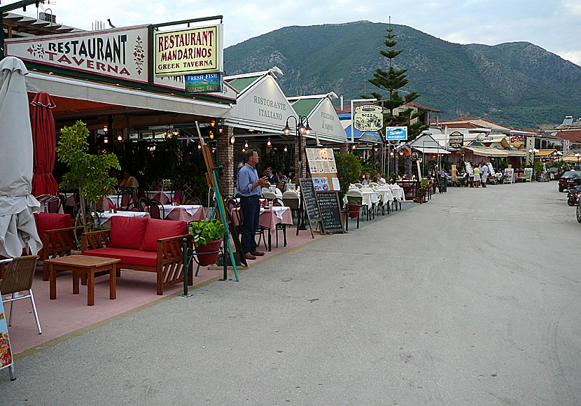 Tavernas at the harbour promenade in Nidri. Lefkada.