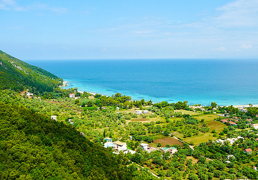 View of the lagoon, Lefkas town and Agios Ioannis beach from the monastery of Panagia Faneromeni on Lefkada in Greece.