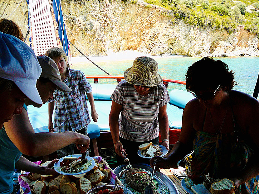 Lunch on board the excursion boat M/S Christina off the small island of Kastos near Nidri on Lefkas.