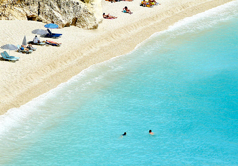 The blue water and white sand on Porto Katsiki beach on Lefkada in Greece.