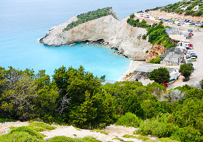 Parking lot and tavernas above Porto Katsiki beach on the west coast of Lefkada.