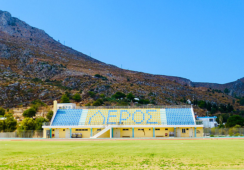 The stands on the football field in Xerokampos on Leros.