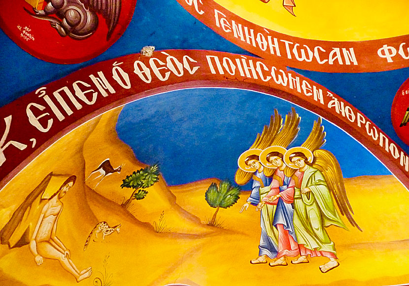 Freshly painted frescoes in Limonos Monastery in Lesvos.