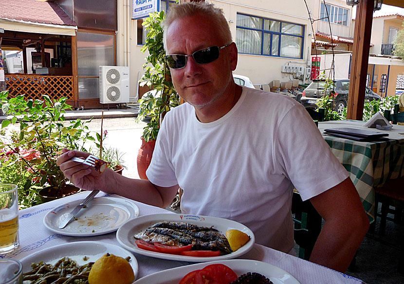 Sardines, grilled octopus and fasolakia in Skala Kalloni.