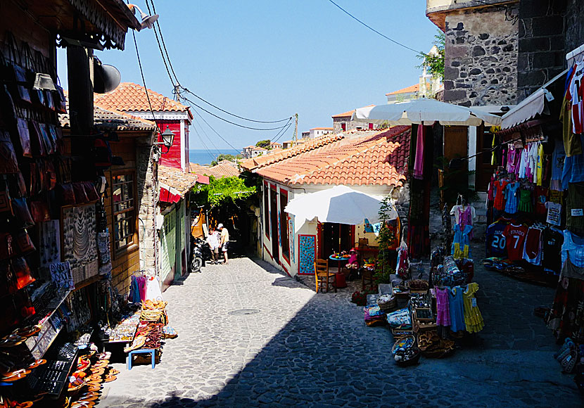 Alleys and shops in Molyvos Old Town in Lesvos.