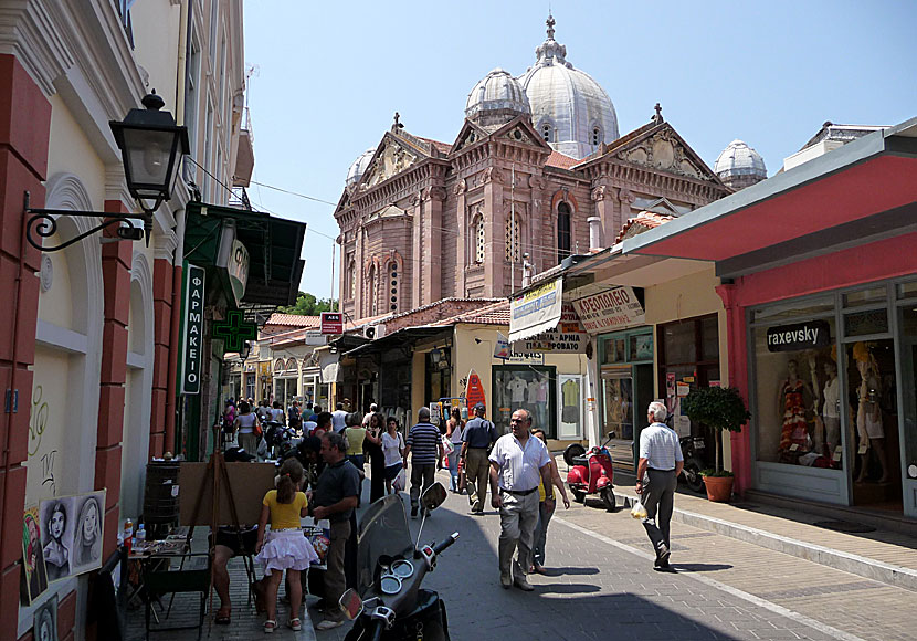 The main shopping street Ermou and the church of Agios Therapon in Mytilini.  Lesvos.