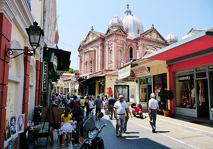 The main shopping street Ermou and the church of Agios Therapon in Mytilini.  Lesvos.